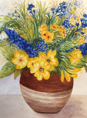 Watercolour, Flowers in pottery vase.